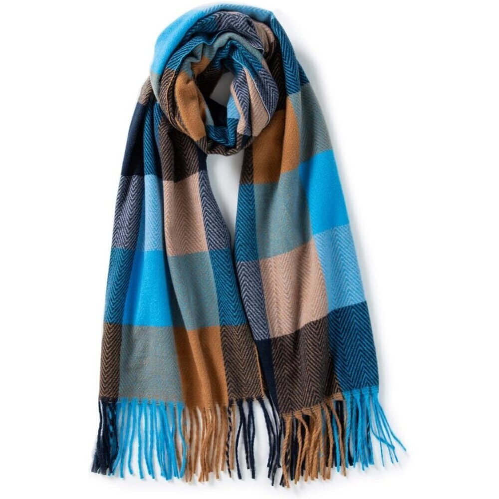 Women's Camel Blue Wool Scarf Cashmere Feel Winter Checked Scarves Soft Shawls